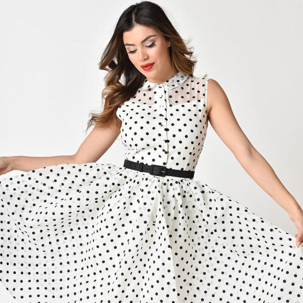 Unique Vintage- Georgia Swing, White & Black Dotted Dress